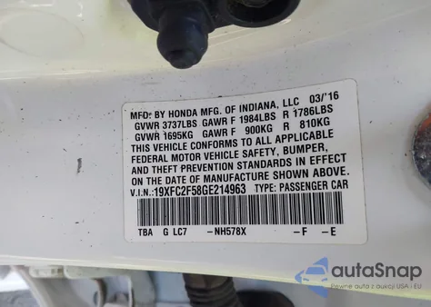 2016 Honda Civic Lx z USA, uszkodzony, nr VIN 19XFC2F58GE214963
